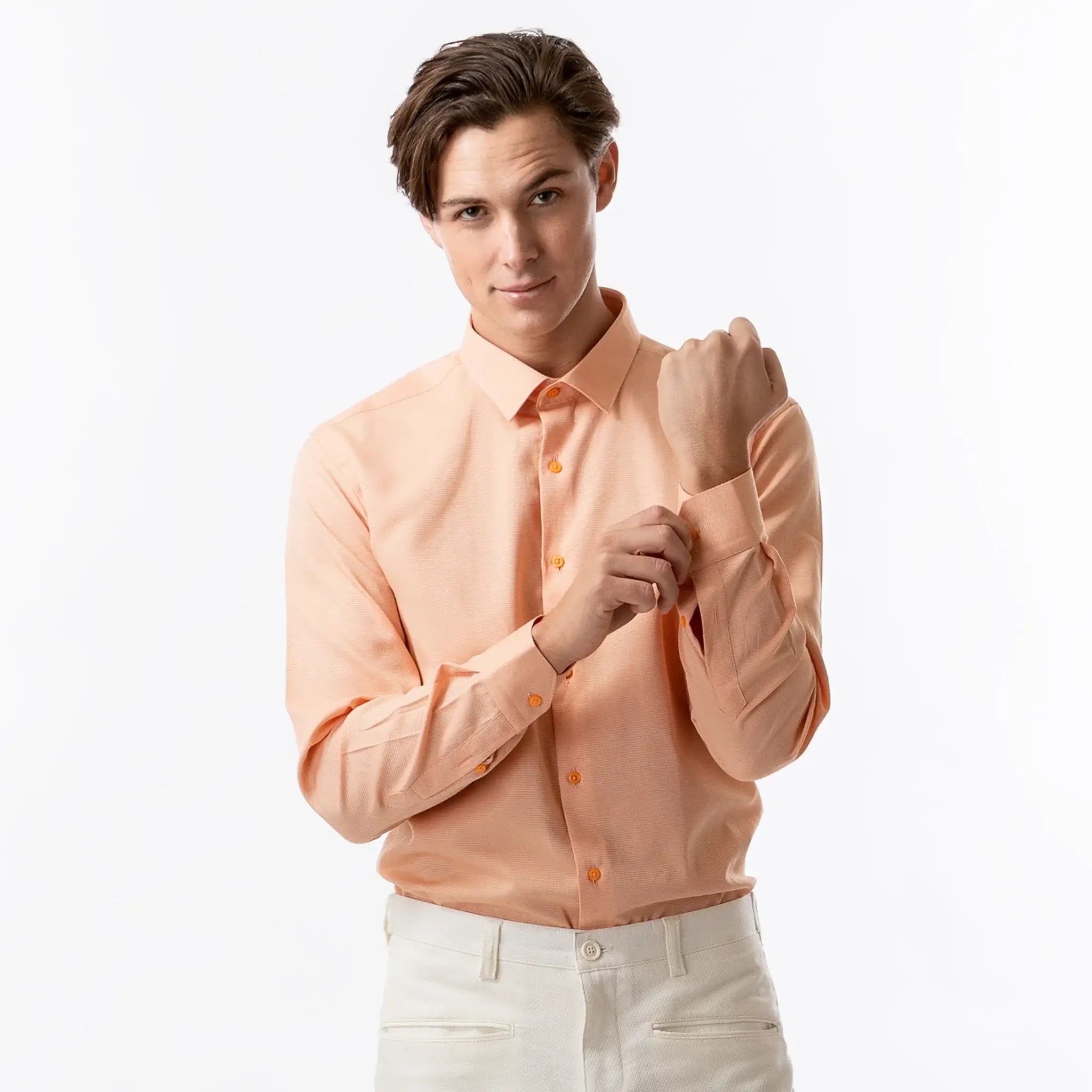 Lodevole Mens Slim Dress Shirt Salmon Peach Front View No Jacket