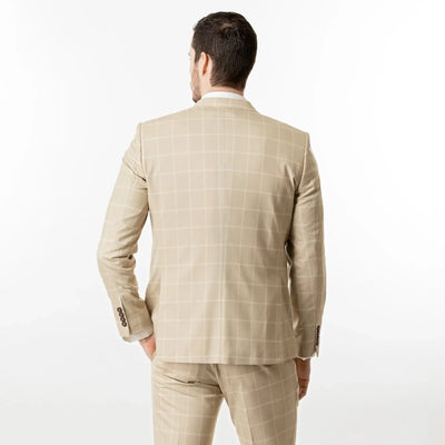 Lodevole Mens Slim Fit Blazer Beige Windowpane Back View