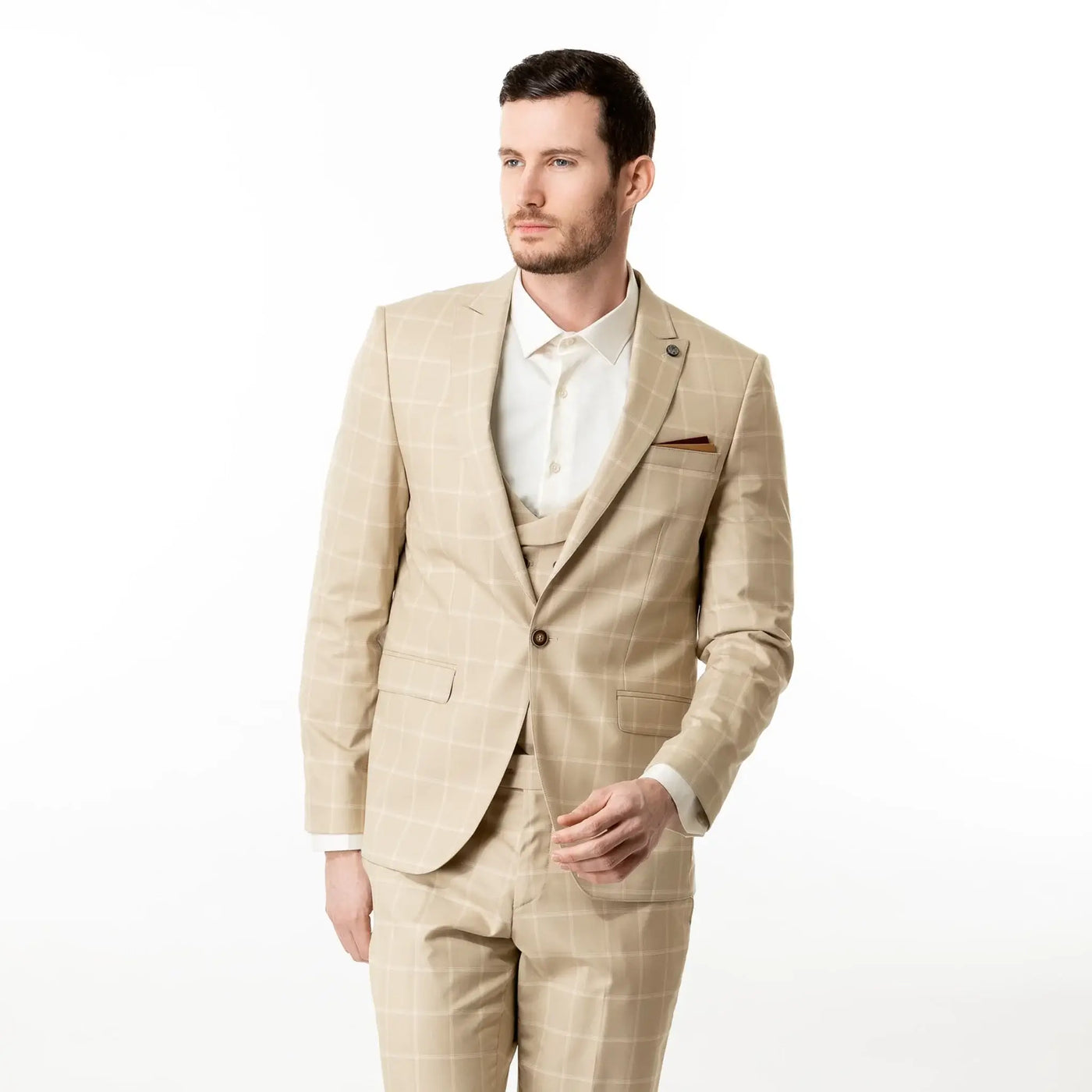 Lodevole Mens Slim Fit Blazer Beige Windowpane Front View