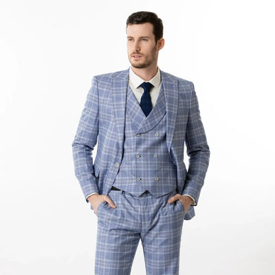 Lodevole Mens Slim Fit Blazer Blue And White Plaid Front View Unbuttoned