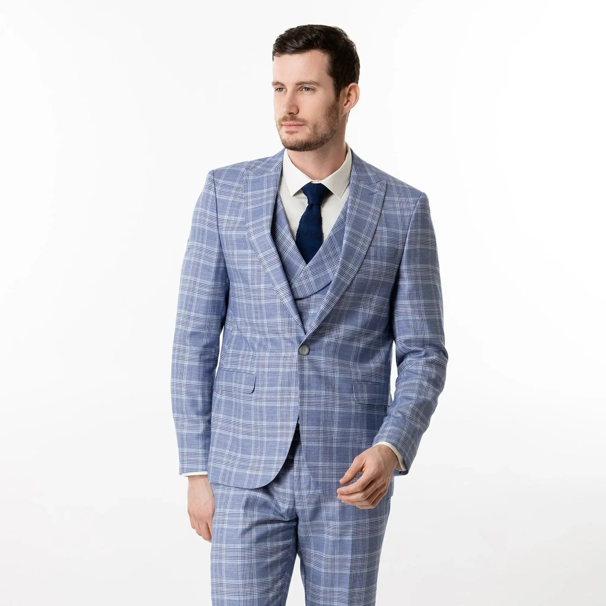 Lodevole Mens Slim Fit Blazer Blue And White Plaid Front View
