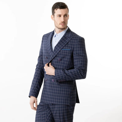 Lodevole Mens Slim Fit Blazer Blue Grey Check Side View