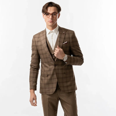 Lodevole Mens Slim Fit Blazer Brown Plaid And Check Front View