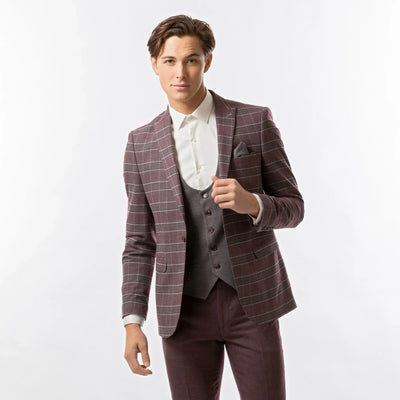 Lodevole Mens Slim Fit Blazer Burgundy And Light Grey Plaid Front View