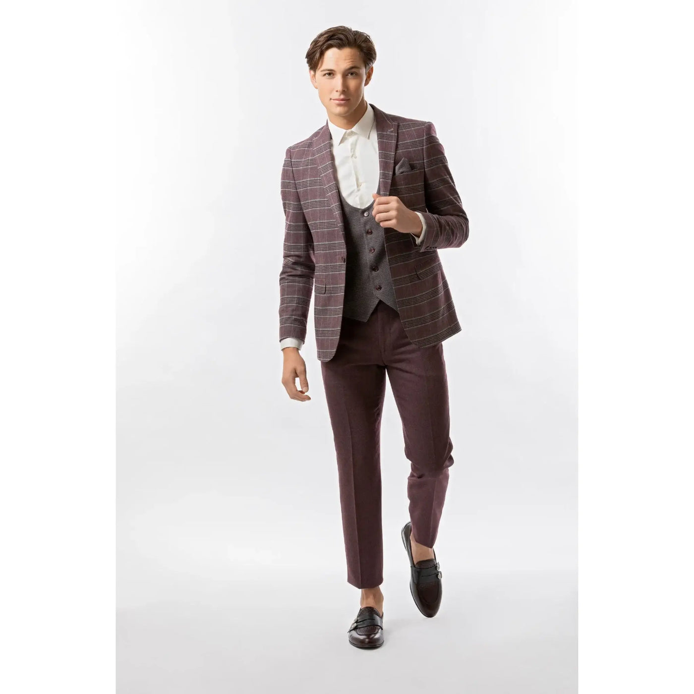 Lodevole Mens Slim Fit Blazer Burgundy And Light Grey Plaid Outfit