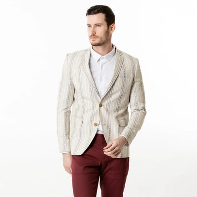 Lodevole Mens Slim Fit Blazer Cream And White Patterned Front View