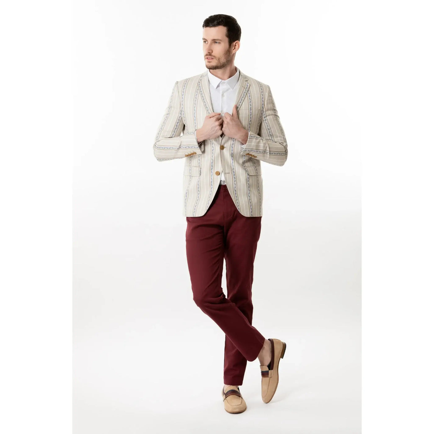 Lodevole Mens Slim Fit Blazer Cream And White Patterned Outfit