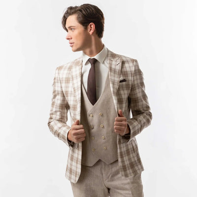Slim Fit Blazer Cream White And Brown Plaid Front View Unbuttoned