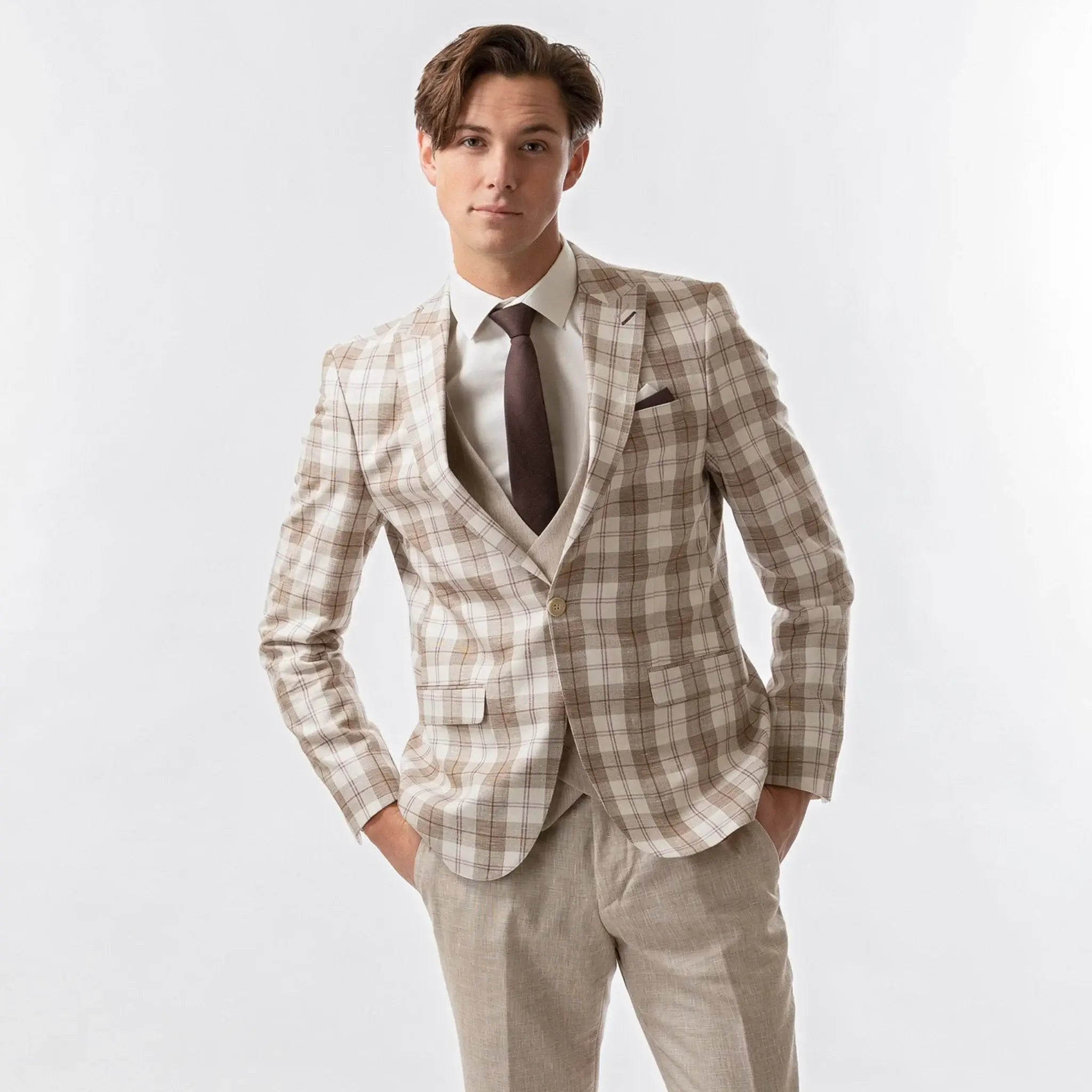 Lodevole Mens Slim Fit Blazer Cream White And Brown Plaid Front View