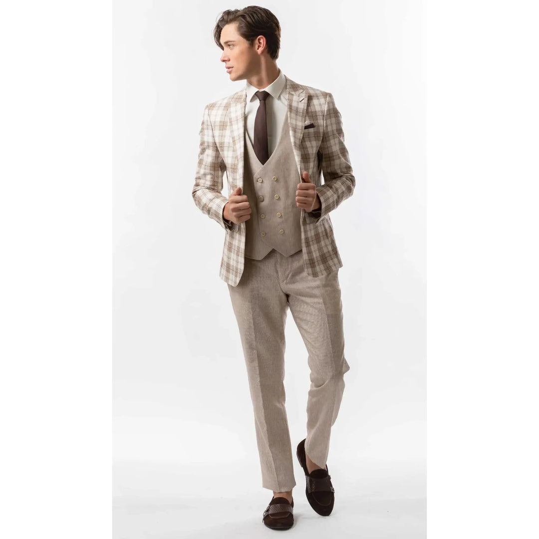 Slim Fit Blazer Cream White And Brown Plaid Outfit