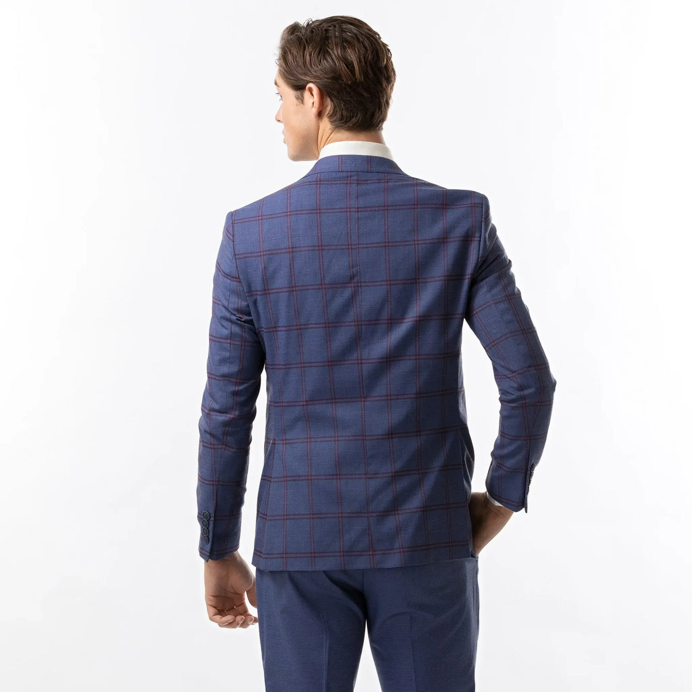 Lodevole Mens Slim Fit Blazer Dark Blue And Red Windowpane Back View
