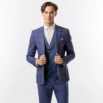 Lodevole Mens Slim Fit Blazer Dark Blue And Red Windowpane Front View Unbuttoned
