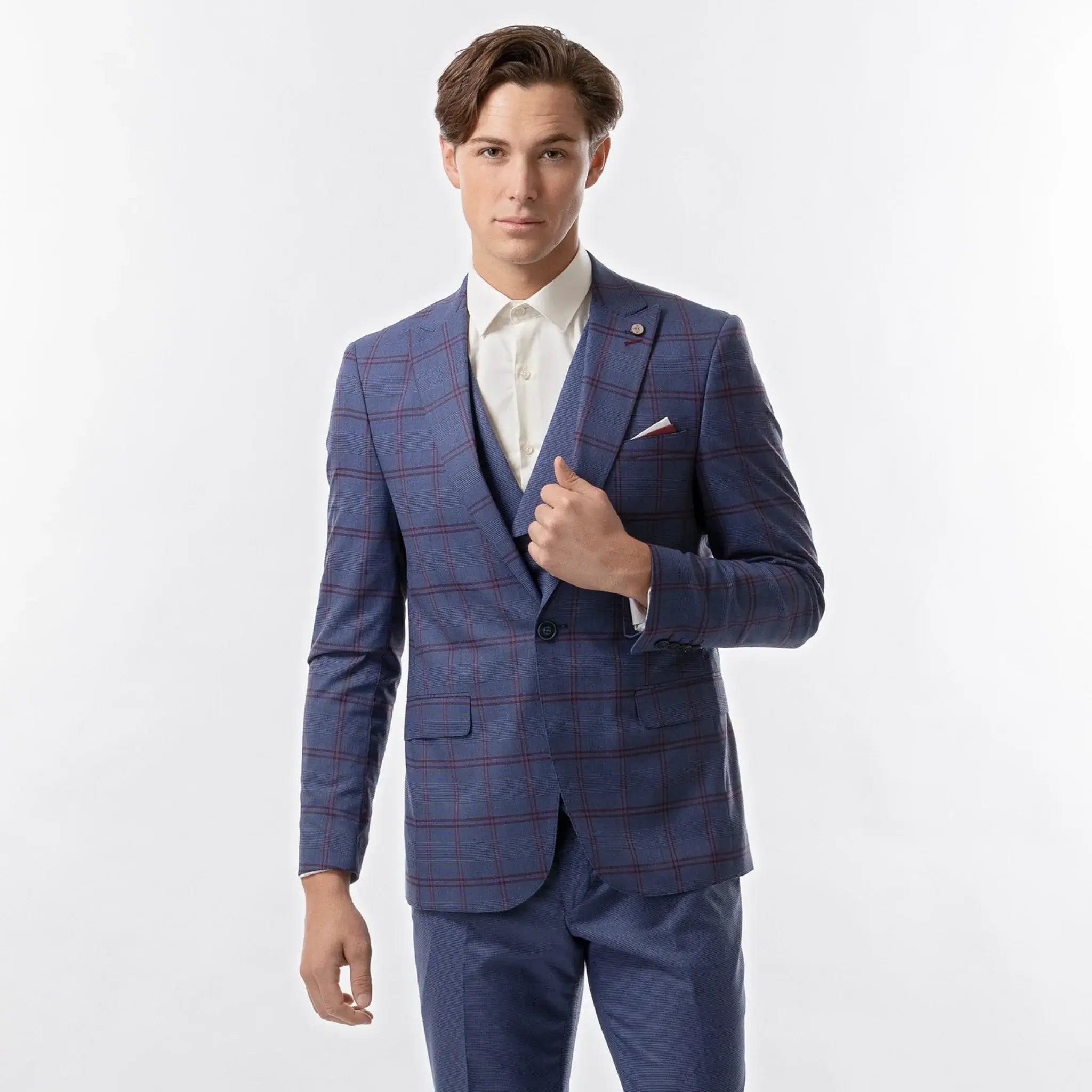 Lodevole Mens Slim Fit Blazer Dark Blue And Red Windowpane Front View