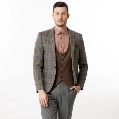 Lodevole Mens Slim Fit Blazer Grey And Brown Plaid Front View