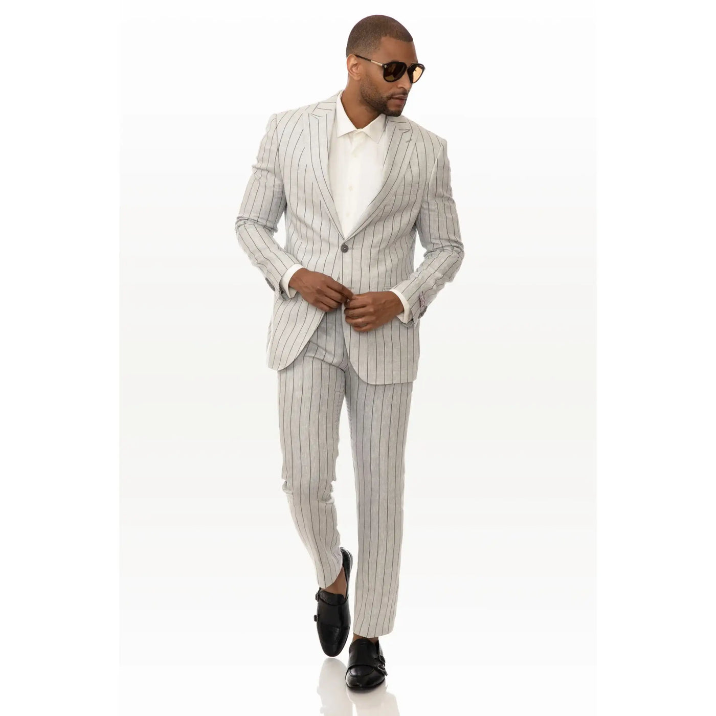 Lodevole Mens Slim Fit Blazer Grey With Black Pinstripes Outfit