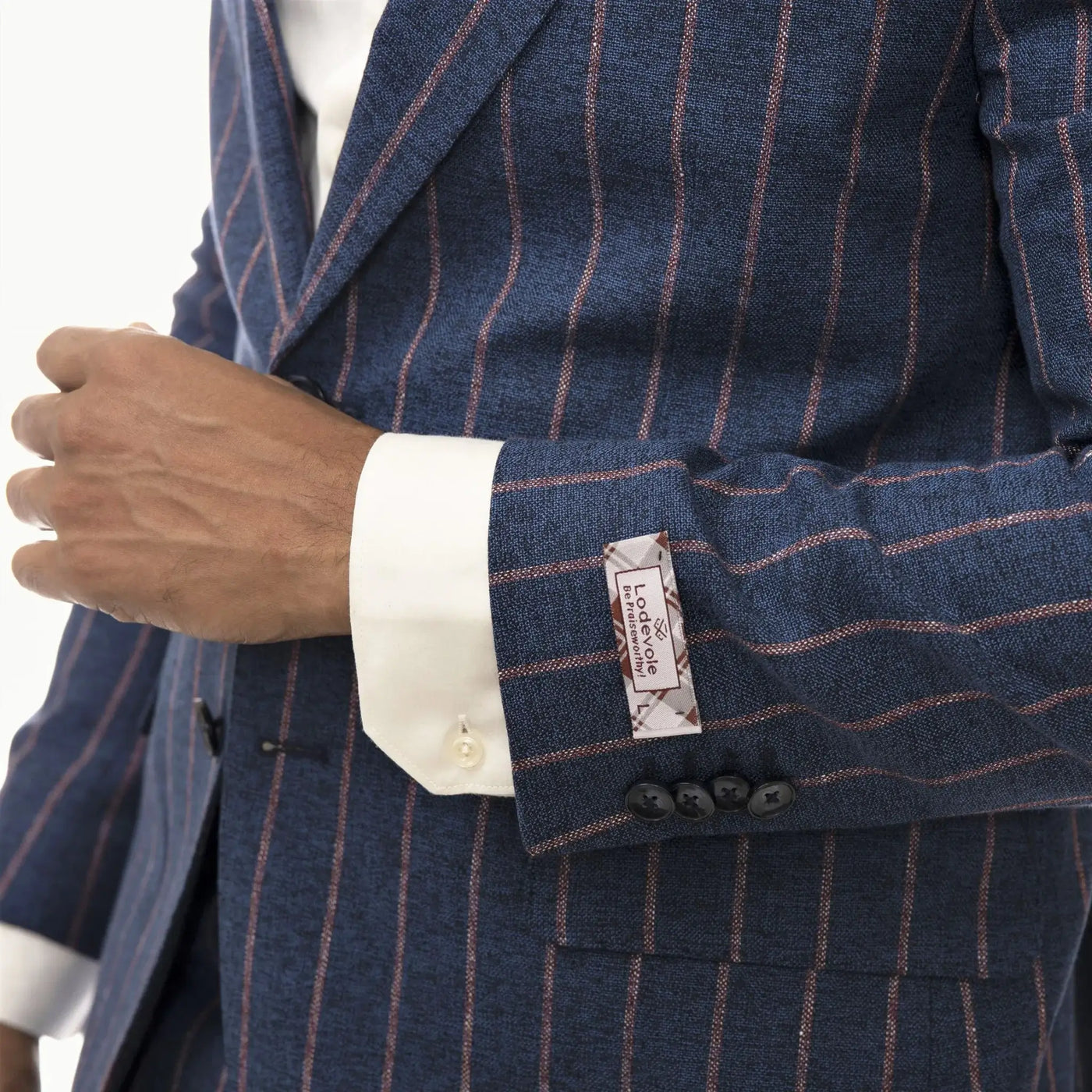 Lodevole Mens Slim Fit Blazer Navy Blue With Red Pinstripes Close Up