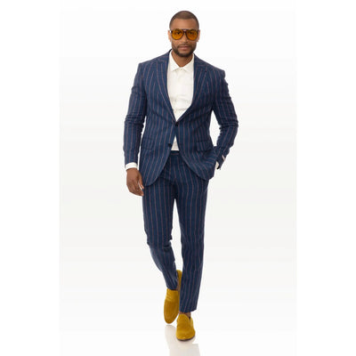 Lodevole Mens Slim Fit Blazer Navy Blue With Red Pinstripes Outfit