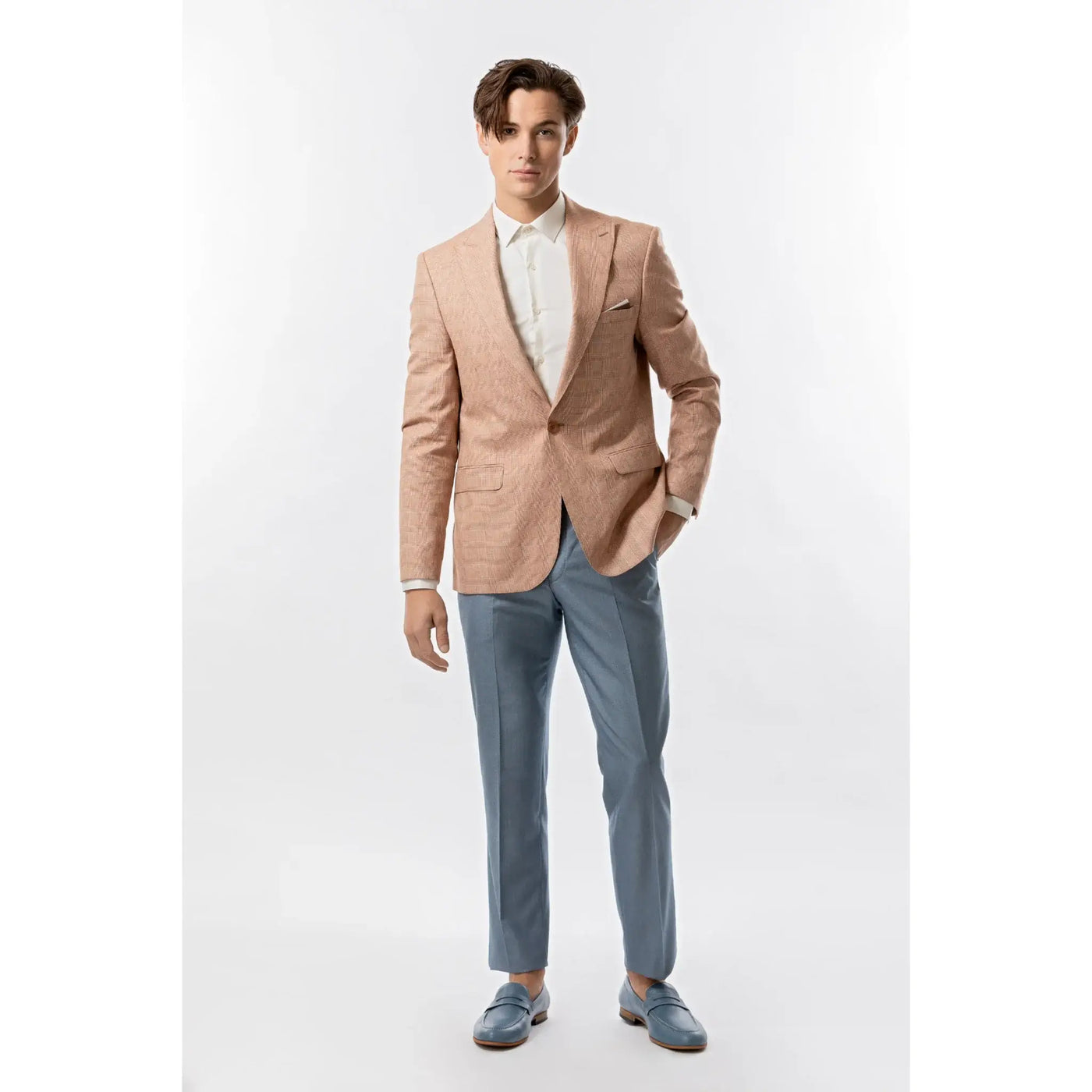 Lodevole Mens Slim Fit Blazer Peach And Cream Outfit