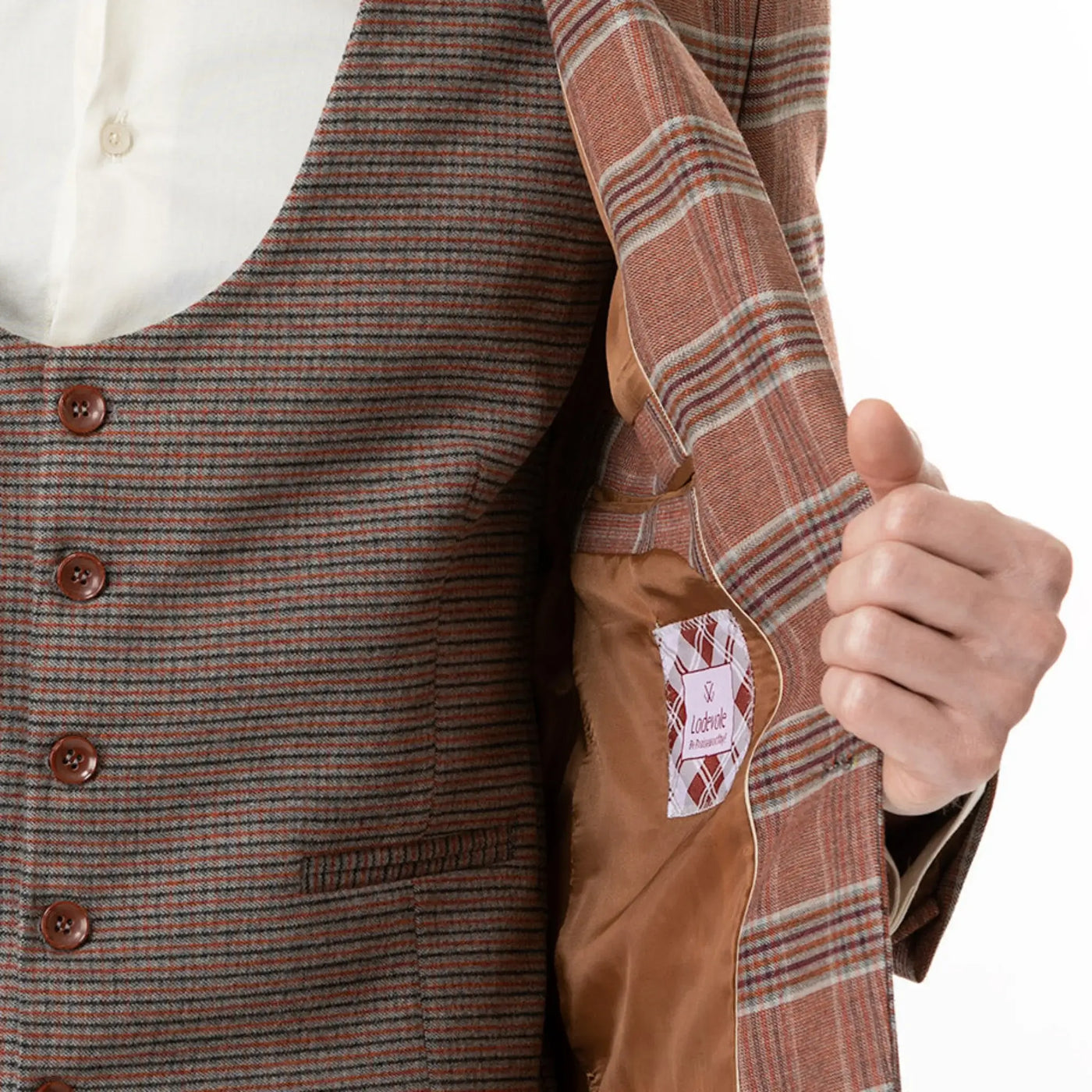 Lodevole Mens Slim Fit Blazer Rusty Brown Plaid Inside View