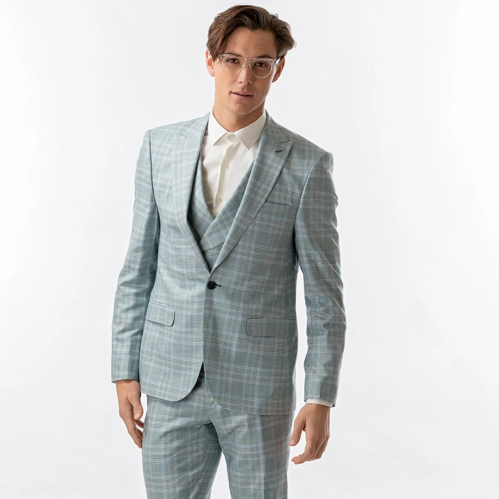 Lodevole Mens Slim Fit Blazer Teal Plaid Front View