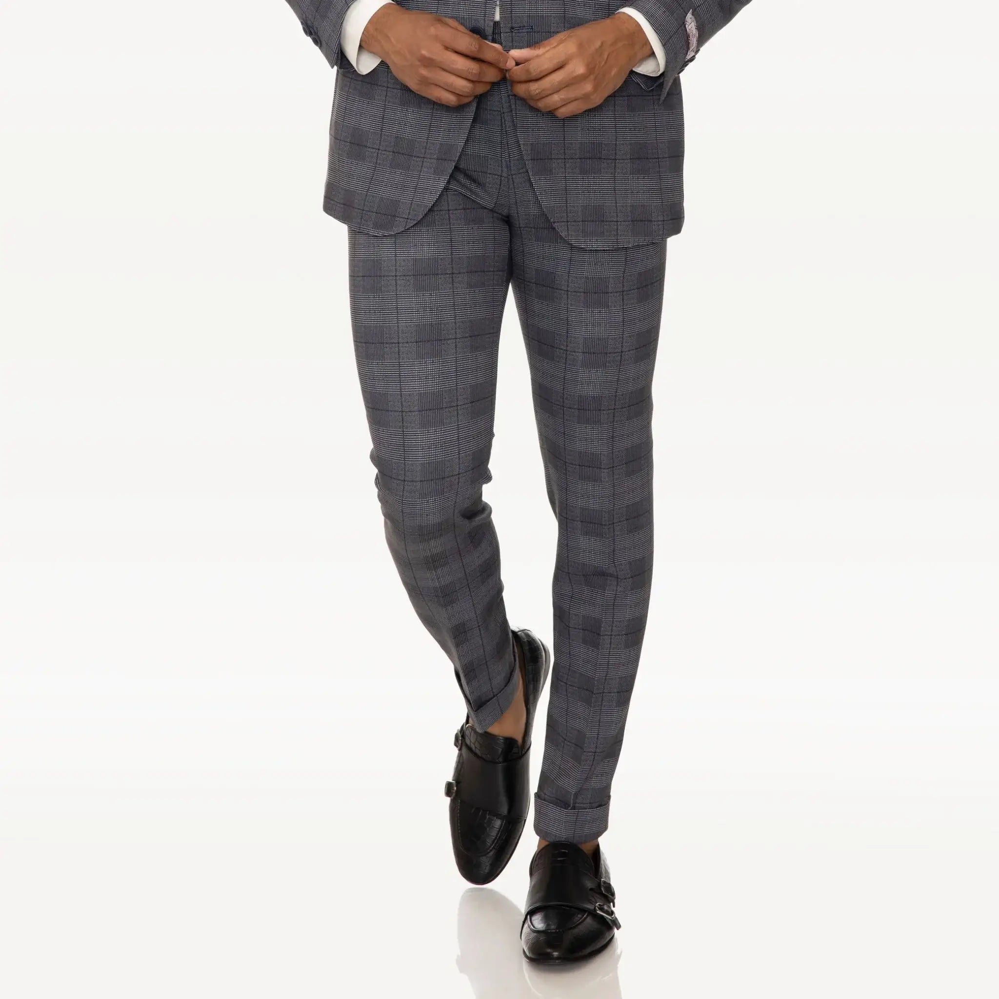 Lodevole Mens Slim Fit Travel Trousers Black Plaid Front View
