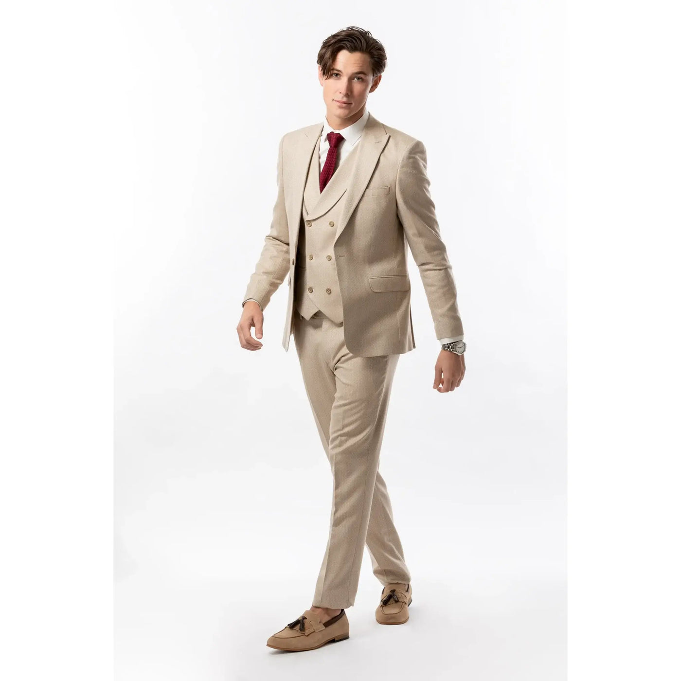 Lodevole Mens Slim Fit Trousers Beige Patterned Outfit