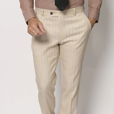 Lodevole Mens Slim Fit Trousers Beige Pinstripe Front Top View