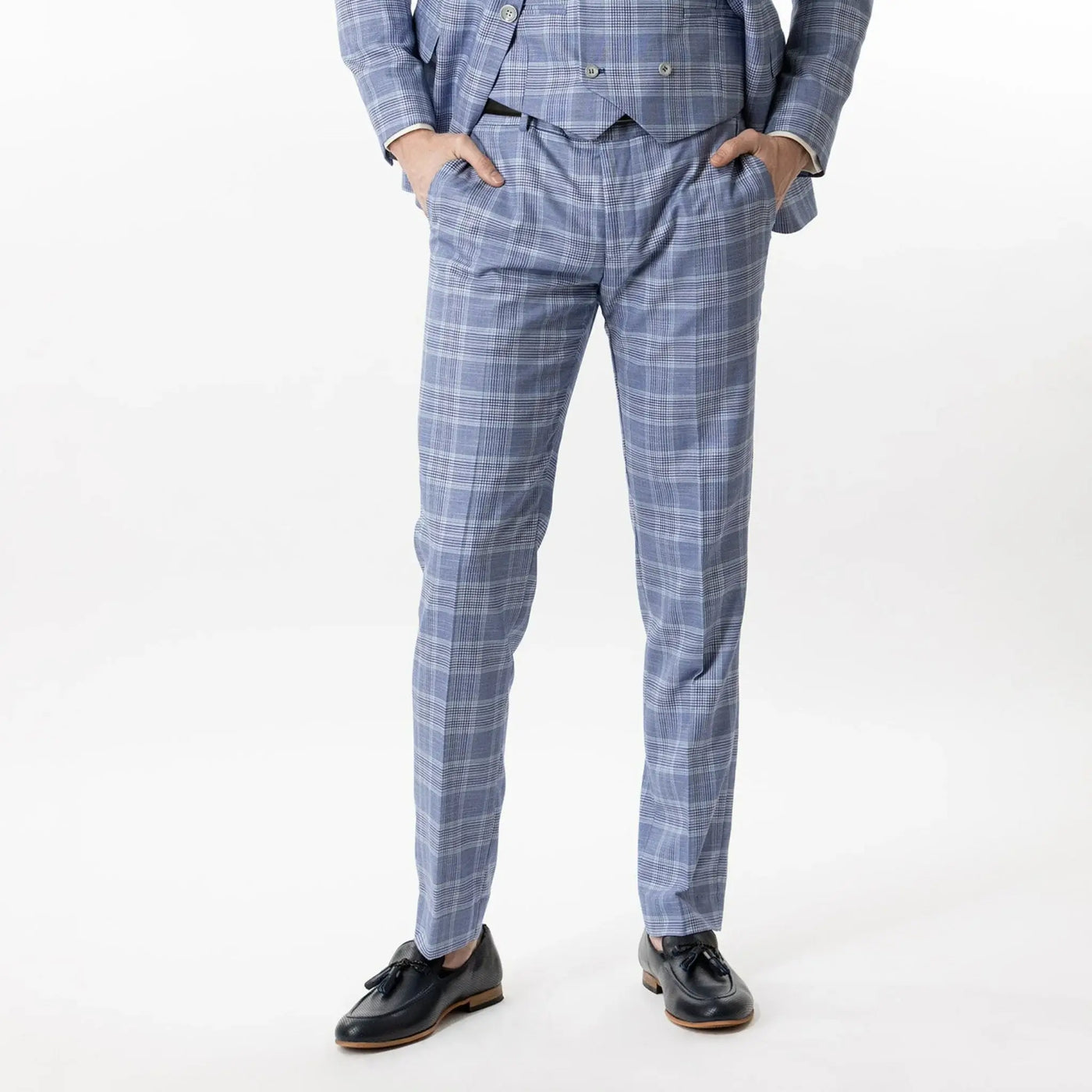 Lodevole Mens Slim Fit Trousers Blue And White Plaid Front View