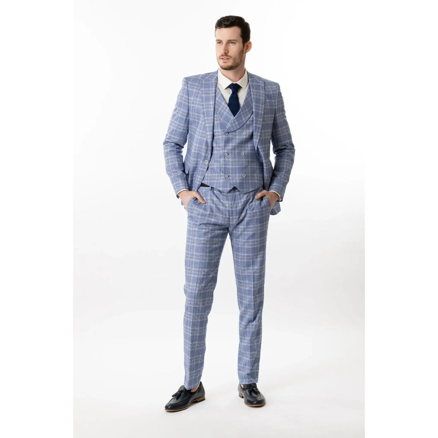 Lodevole Mens Slim Fit Trousers Blue And White Plaid Outfit