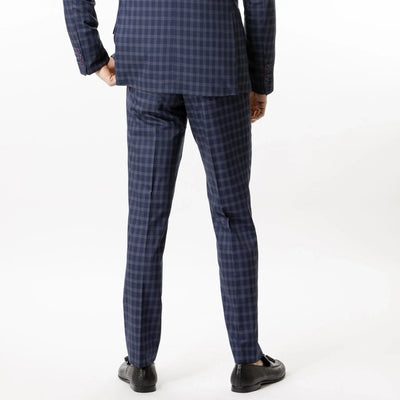 Lodevole Mens Slim Fit Trousers Blue Grey Check Back View