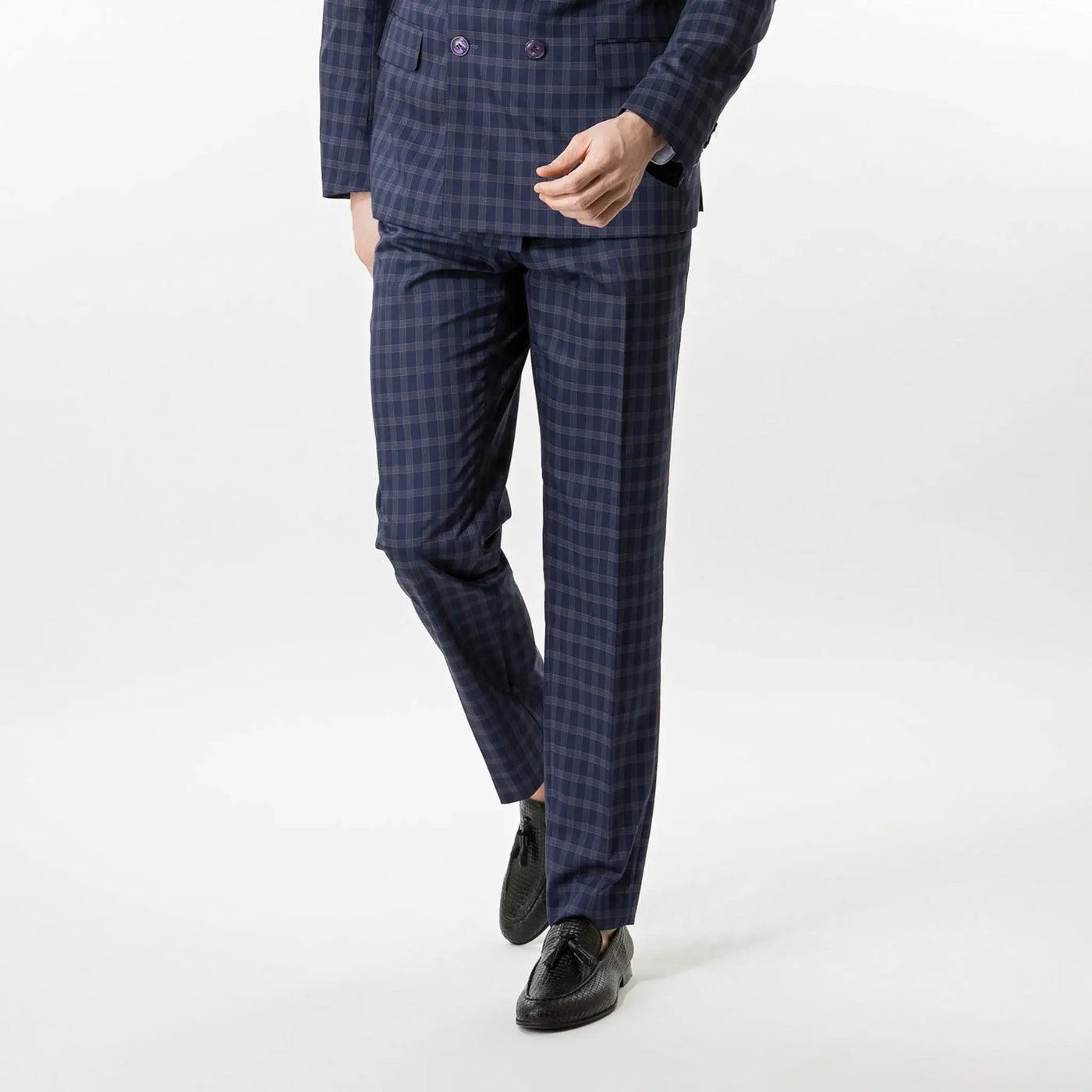Lodevole Mens Slim Fit Trousers Blue Grey Check Front View