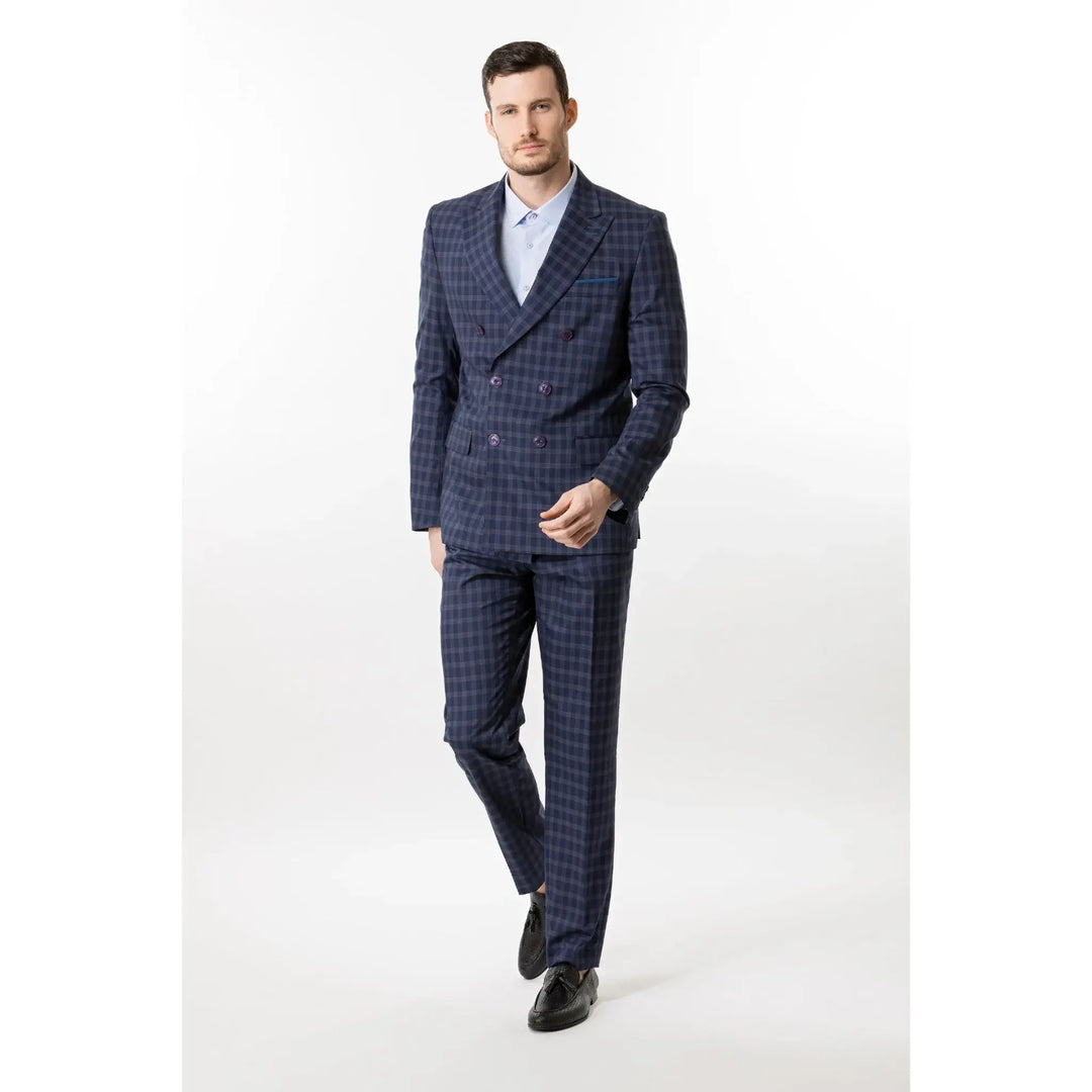 Lodevole Mens Slim Fit Trousers Blue Grey Check Outfit