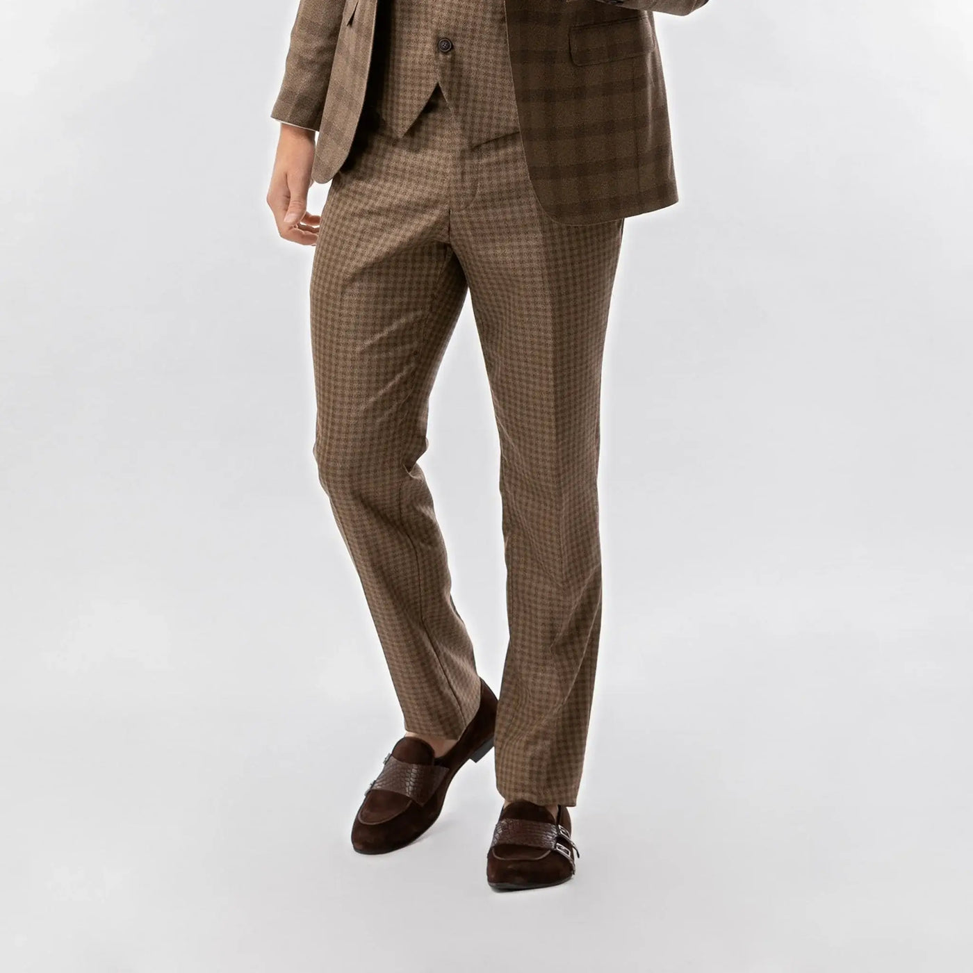 Lodevole Mens Slim Fit Trousers Brown Check Front View
