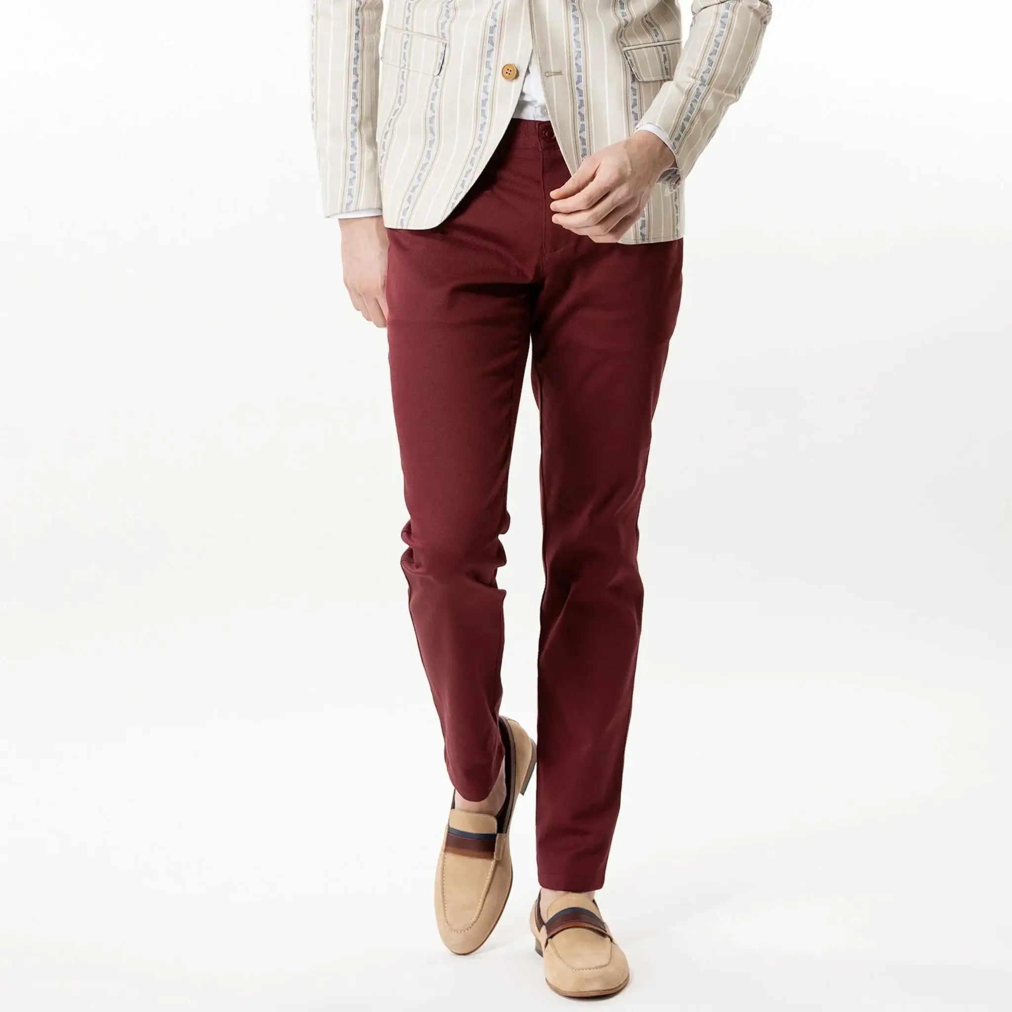 Lodevole Mens Slim Fit Trousers Burgundy Red Front View