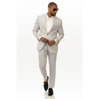 Lodevole Mens Slim Fit Trousers Grey With Black Pinstripes Outfit