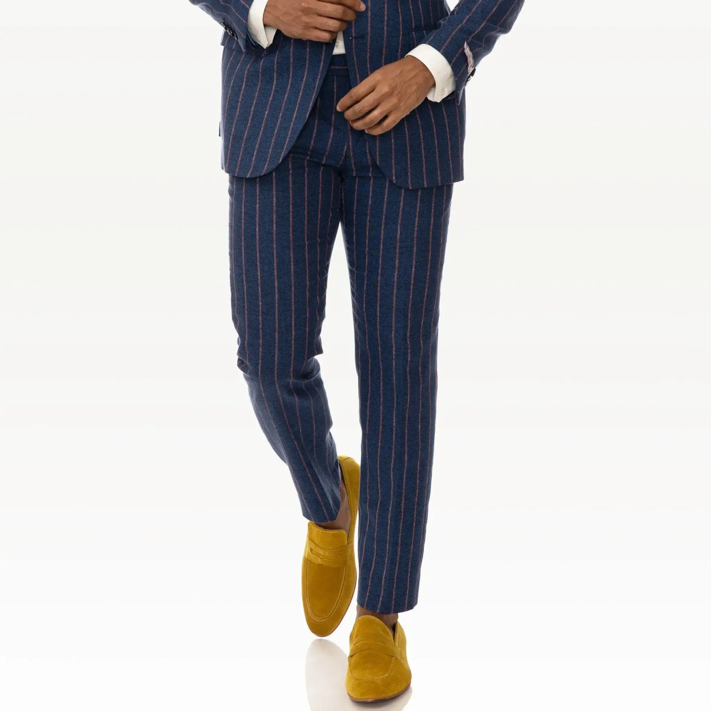 Lodevole Mens Slim Fit Trousers Navy Blue With Red Pinstripes Front View