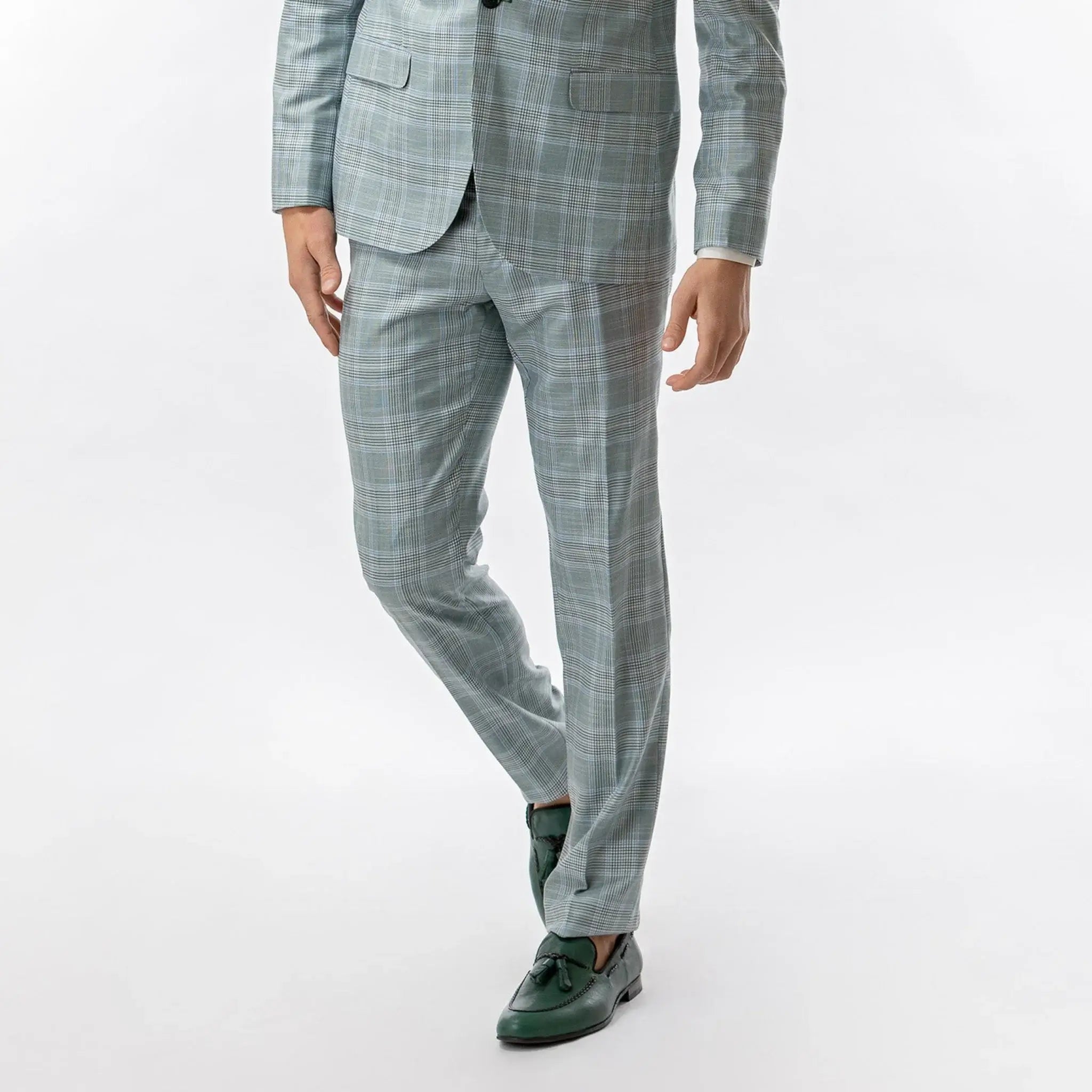 Lodevole Mens Slim Fit Trousers Teal Plaid Front View