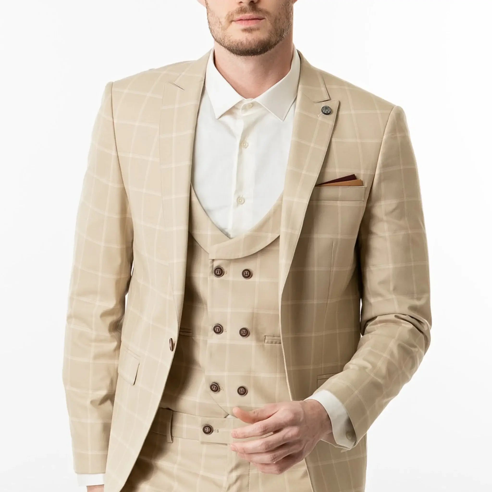 Lodevole Mens Slim Fit Vest Beige Windowpane Front View
