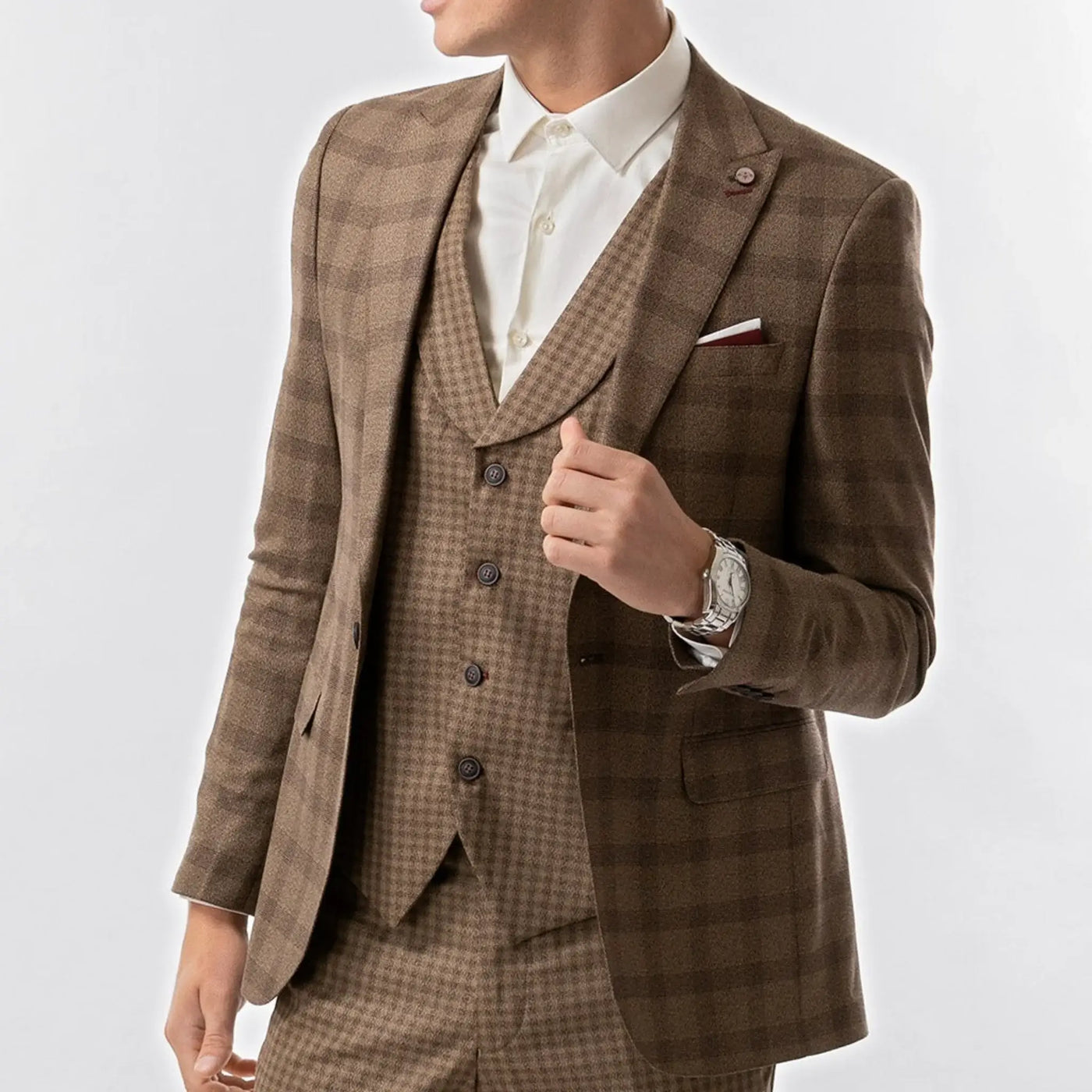 Lodevole Mens Slim Fit Vest Brown Plaid And Check Front View