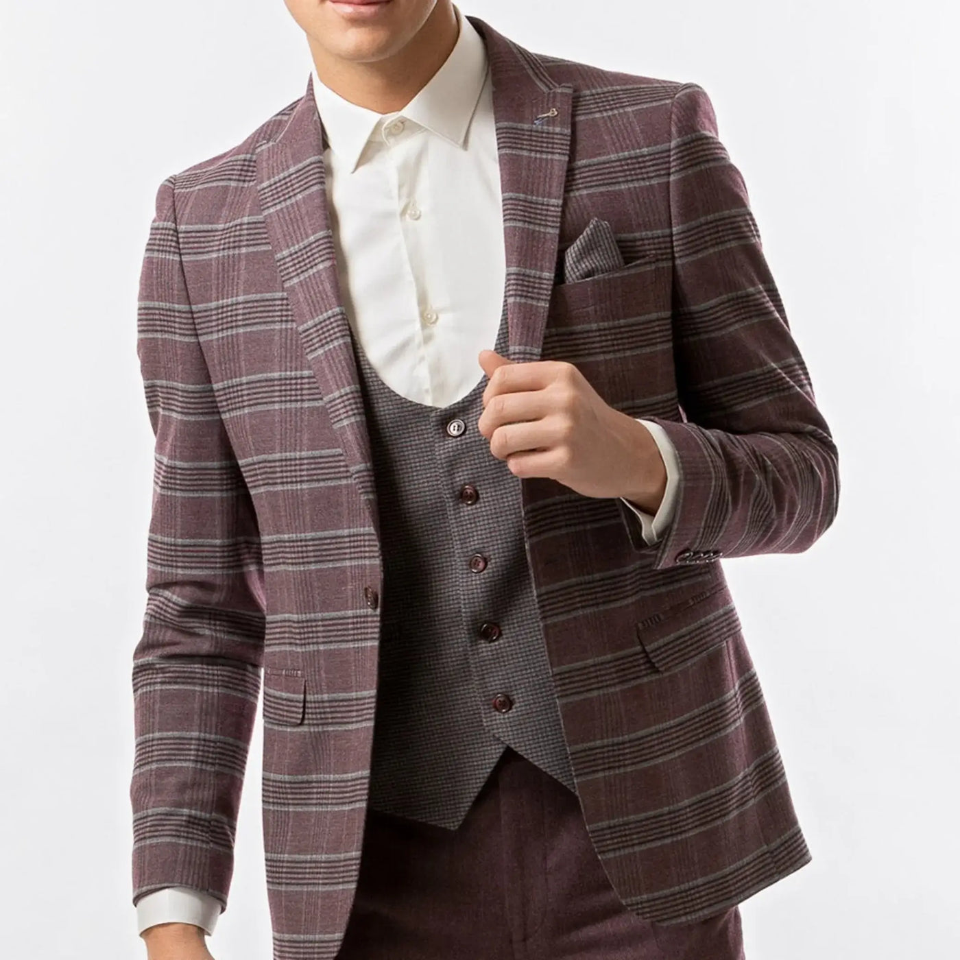 Lodevole Mens Slim Fit Vest Grey Micro Check Front View