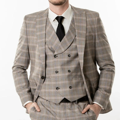 Lodevole Mens Slim Fit Vest Grey Plaid Front View