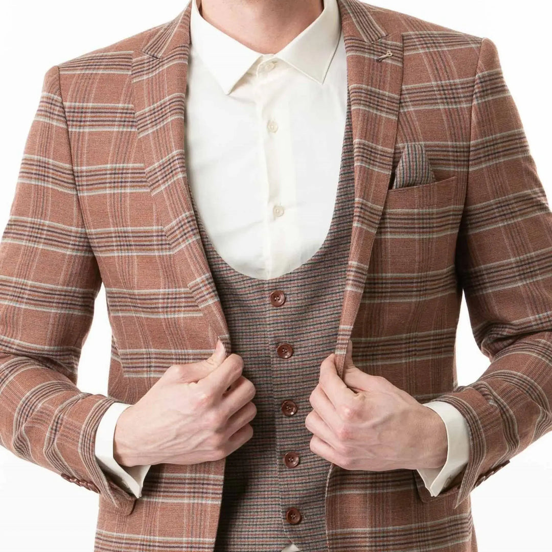 Lodevole Mens Slim Fit Vest Rusty Brown Micro Check Close Up View