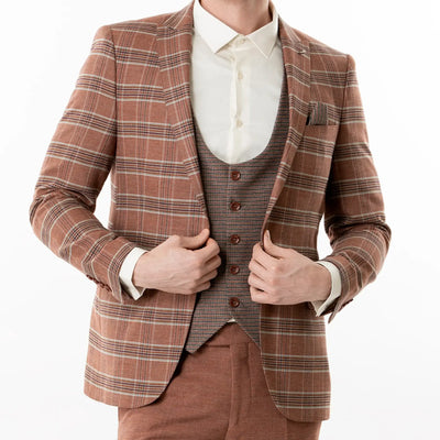 Lodevole Mens Slim Fit Vest Rusty Brown Micro Check Front View