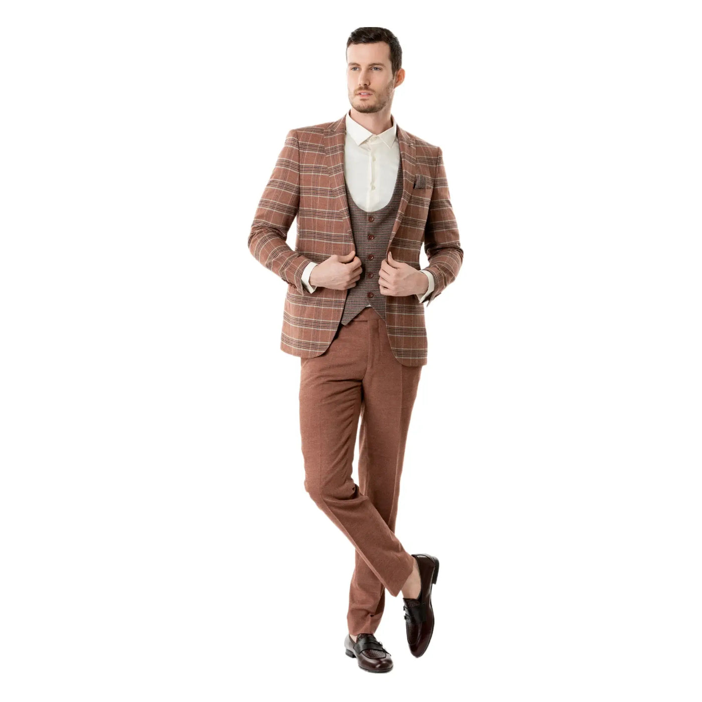 Lodevole Mens Slim Fit Vest Rusty Brown Micro Check Outfit