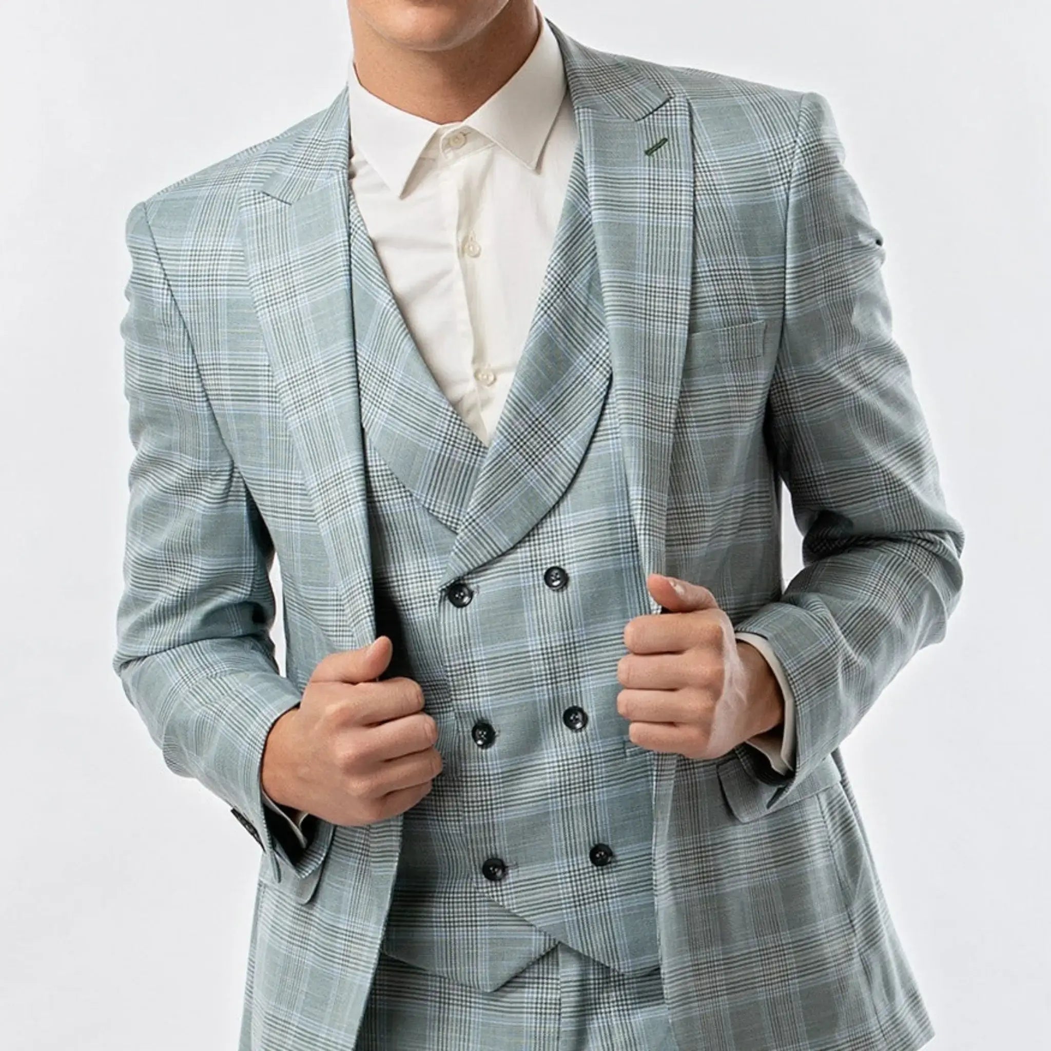 Lodevole Mens Slim Fit Vest Teal Plaid Front View