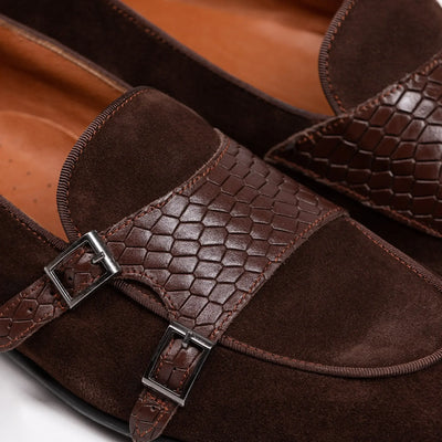 Lodevole Mens Suede Double Monk Strap Loafers Brown Close Up View