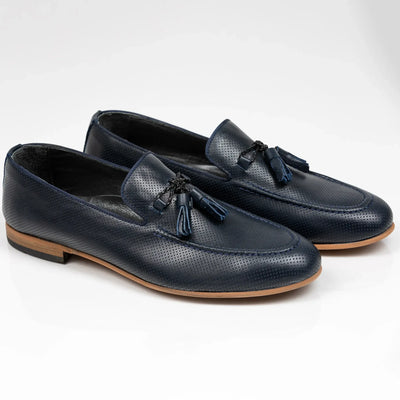 Lodevole Mens Tassel Loafers Dark Blue Front Isometric View