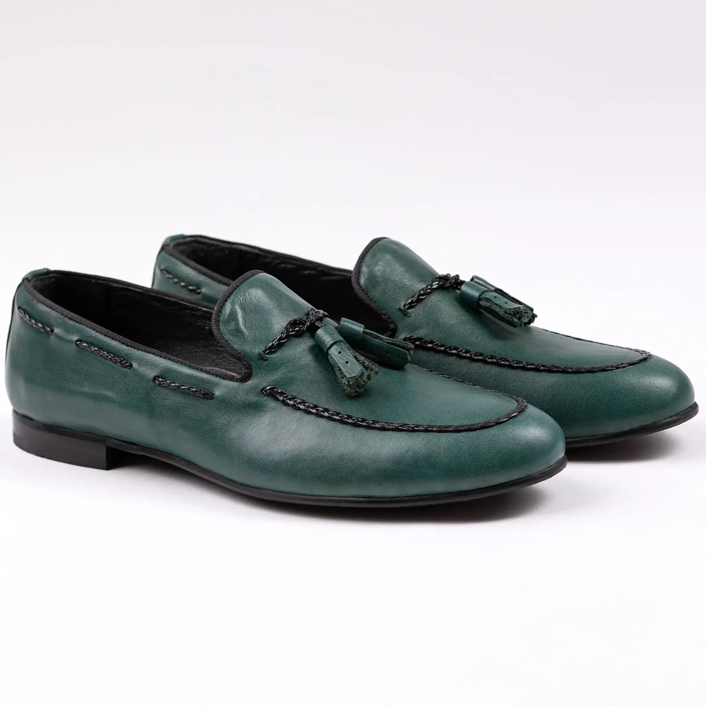Lodevole Mens Tassel Loafers Teal Green Front Isometric View
