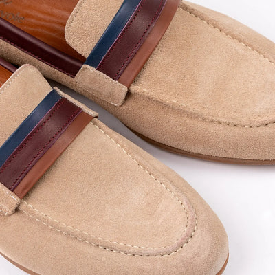 Lodevole Mens Three-toned Suede Loafers Beige Close Up View