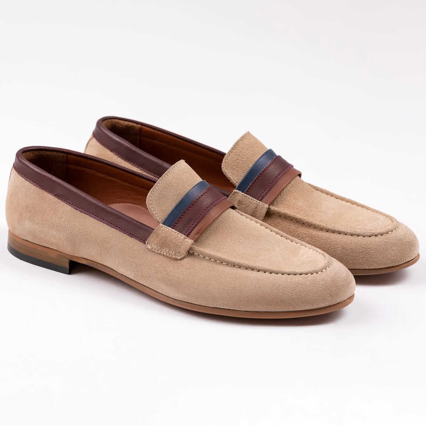 Lodevole Mens Three-toned Suede Loafers Beige Front Isometric View